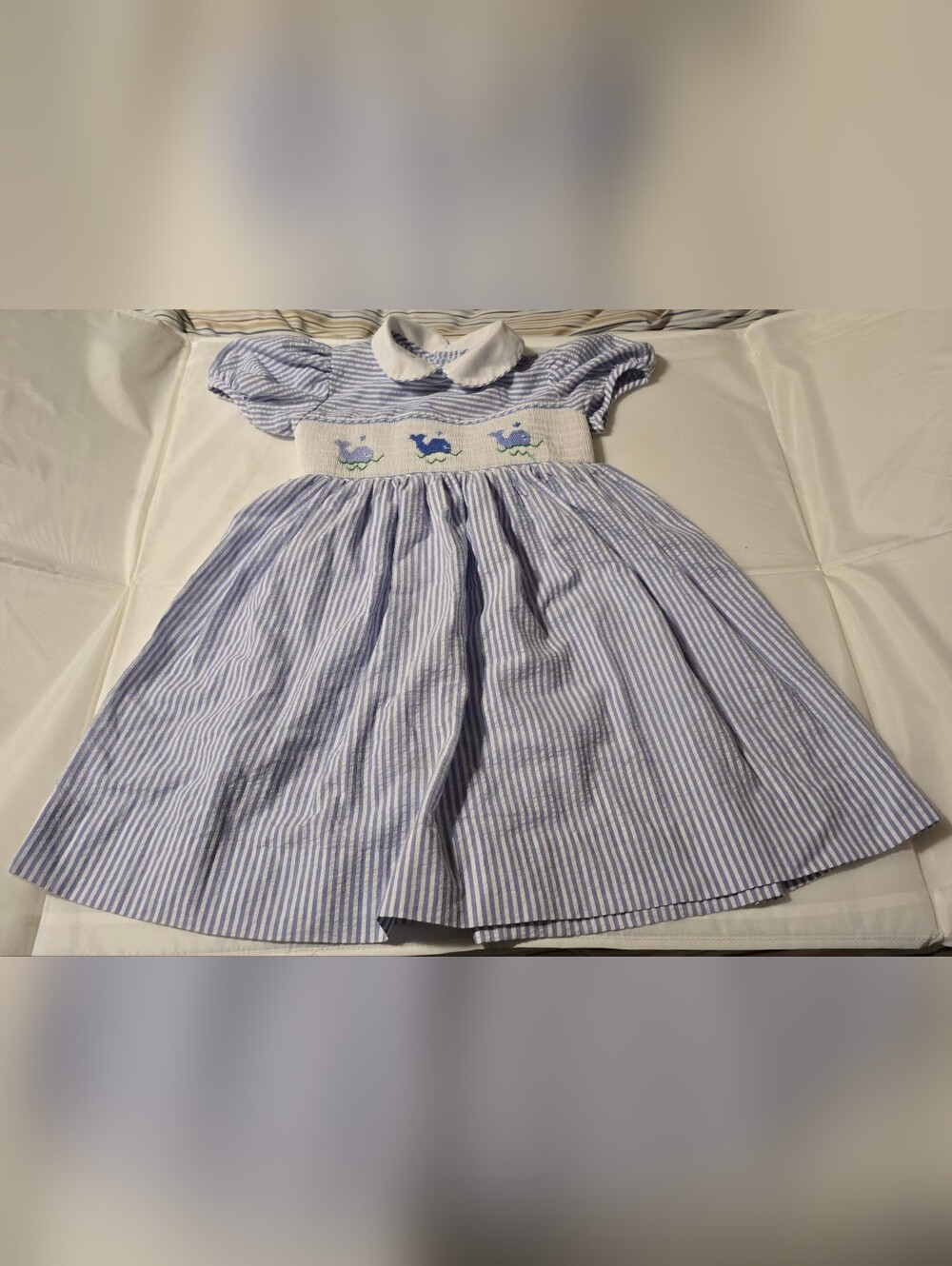 Vintage Carriage Boutiques Girls Smocked Whale Dress Blue White Striped Size 3T